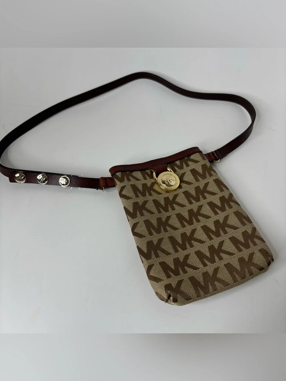 Michael Kors Brown MK Signature Fanny Pack Belt Bag Leather Strap Size M